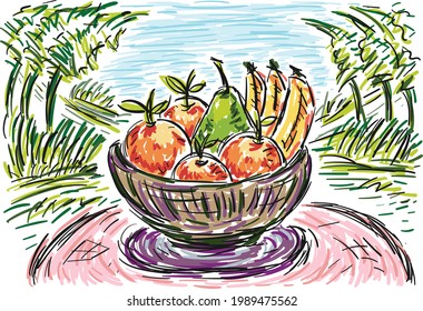 vector,illustration,drawing,eating delicious  fruits in garden,doodle,sketch