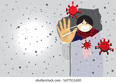 vector,illustration.people in the house are using their hand to wipe the glass to see the germs.covid-19 outside the house window