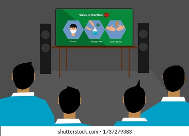 vector,illustration.staff are training how to protect themselves from the corona virus,on the monitor screen suggestsn ways to prevent the virus