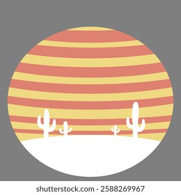 Vector,In the circle there is a desert, sunlight, and cactus.