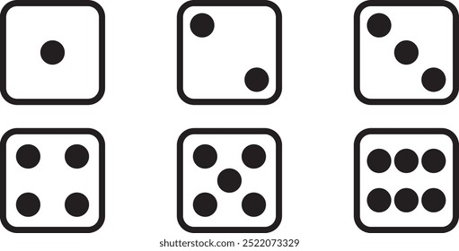 Vectorised illustration of the different faces of a square die with scores from 1 to 6 marked with dots. Concept: Board games, playing, leisure, mathematics.