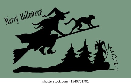 Vector-isolated black silhouette on colored and white background. Witch flies on a broom with a cat over the forest, on the background of the full moon. Merry Halloween happy