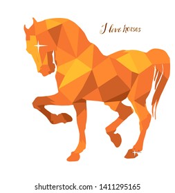 vector-isolated drawing of one fiery red prancing horse on a white background and lettering  in low poly, trend 
