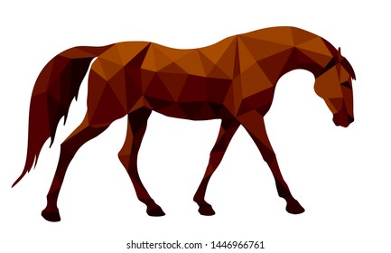 vector-isolated drawing of one fiery red walking horse on a white background and lettering in low poly, trend
