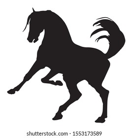 vector-isolated hand drawing, black horse silhouette on white background. the horse stood on its hind legs.