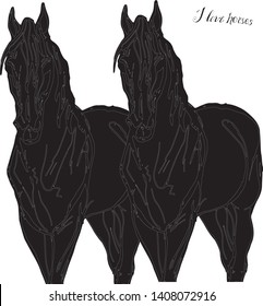 vector-isolated silhouette of a pair of black horses on a white background and lettering