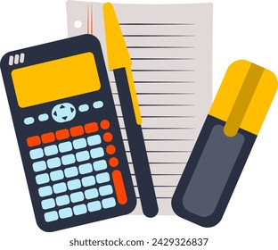 Vectorization of school supplies, you can see a calculator next to a sheet of paper, a pen and a highlighter