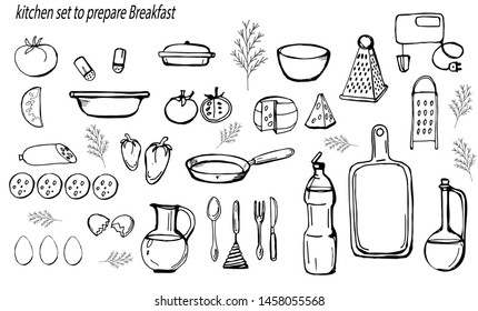 vectorization view of the elements for the kitchen set to prepare Breakfast. flat vector
