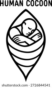 A vectorize minimalist icon depicting a human figure curled inward within a teardrop-shaped cocoon. The figure wraps its arms tightly around itself, symbolizing emotional grief, introspection, and suspended metamorphosis. Designed in clean black and white lines for easy scalability and use in symbolic, psychological, or humanitarian contexts.