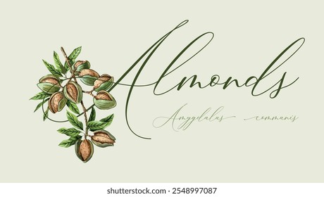 Vectorized almond branch with embedded text. Isolated art. Illustration