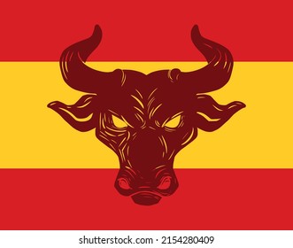 Vectorized bull head. spain flag background.