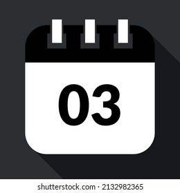 Calendario vectorizado que marca el ícono 03, vectorizado de calendario de día específico en colores grises y negros, cita programada.