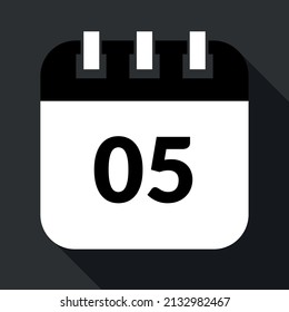 Calendario vectorizado que marca el ícono 05º, vectorizado de calendario de día específico en colores grises y negros, cita programada.