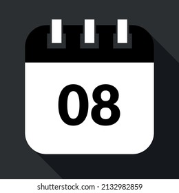 Calendario vectorizado que marca el ícono 08vo, vectorizado de calendario de día específico en colores grises y negros, cita programada.