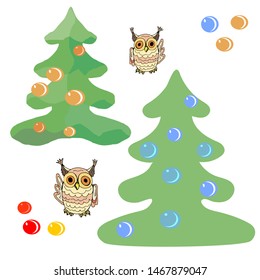 vectorized crazy cartoon owl , Christmas trees and Christmas balls