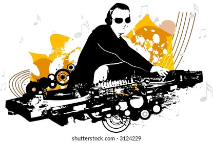 vectorized dj mixing music with abstract grungy elements