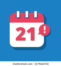 Vectorized and editable calendar icon with 3D perspective, appointment schedule, icons for websites and posts, day 21.