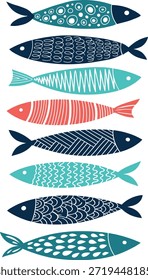 Pescado vectorizado con decoración gráfica colorida.