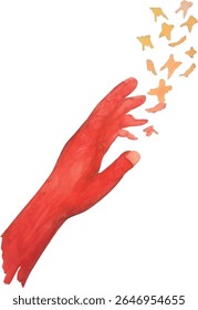Vectorized hand made illustration of a red colored hand reaching out and disintegrating into butterfly shaped pieces that change color.