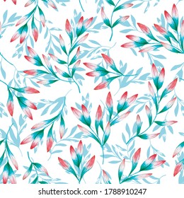 Vectorized, handdrawn flowers in seamless pattern with outlined branches behind. Light colors and a feeling of spring. Suitable for textiles, merchandise, wallpaper, backgrounds and wrapping paper