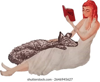 Vectorized handmade illustration of a beautiful woman waring a white dress, reading a book with a big dog resting on her lap.