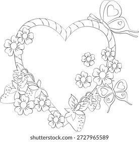 Dibujo de corazón vectorizado, en líneas negras, con flores, fresas y mariposas, sobre un fondo blanco.
