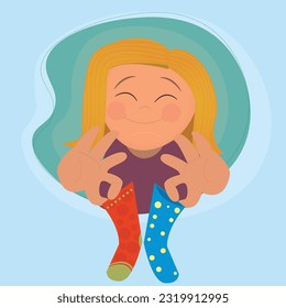 Vectorized illustration of girl with down syndrome and two different socks.