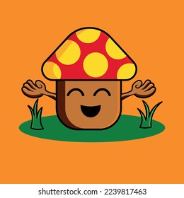 ilustración vectorizada de un hongo feliz, animado en colores planos de estilo infantil, cómic,	