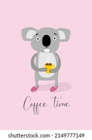 Vectorized illustration of a koala drinking coffee to stay awake with his eyes wide open on a pink background with white dots and is wearing slippers. Illustration made with plain colors