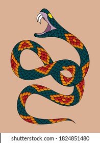 A vectorized illustration of a snake with vibrant scales.