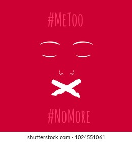 Vectorized illustration of a woman with her mouth covered and hashtag #MeToo #NoMore, for equal rights and gender equality.