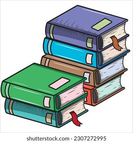 Vectorized illustrations of several vertically stacked books of various colors.