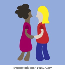 Vectorized image of two women standing together holding hands. 