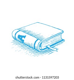 Dibujo de tinta vectorizado de un libro azul aislado en un fondo blanco