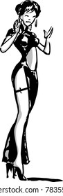Vectorized Ink Drawing of a woman. Separated into outline, white and 25% grey layers. 