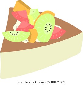 Vectorized Japanese cheesecake with sliced kiwi, strawberries, peaches, mango, and orange decorations.