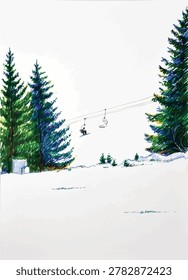 Vectorized marker drawing of Vitosha Mountain in Sofia, Bulgaria. Minimalist winter scene features a ski lift, skiers, snow-covered slope, and tall evergreen pine trees on a white background.