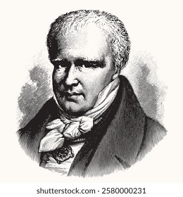 vectorized old engraving of famous German polymath, geographer, naturalist and explorer Alexander von Humboldt