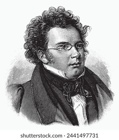 vectorized old engraving portrait of famous composer Franz Peter Schubert. Engraving is from Meyers Lexicon published 1914