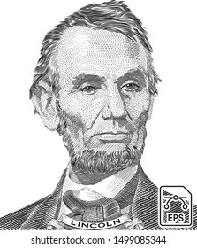 Vectorized portrait of Abraham Lincoln engraved style 5 dollar