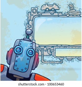 vectorized robot looks at the background of technological frames