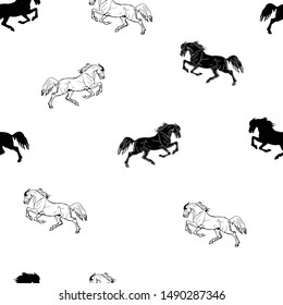 vectorized seamless monochrome background of drawings and silhouettes of running horses on white background 