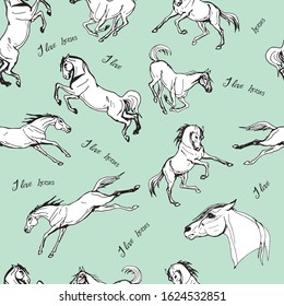 vectorized seamless monochrome background of silhouettes of galloping horses on a colored background