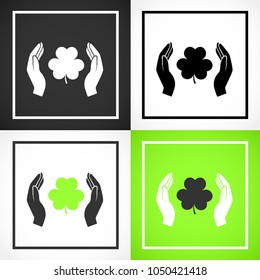 Vectorized silhouettes of hands with clover, in black and white and in color.