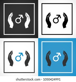 Vectorized silhouettes of hands with symbol of the man, in black and white and in color.