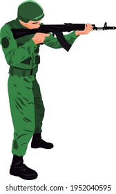 Vectorized soldier standing with kalashnikov assault rifle ready to fire at an enemy