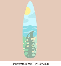 Vectorized surfboard with fun beach scene with leafs. Sun, clouds, and waves in background.