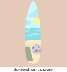 Vectorized surfboard with fun beach scene with towel and ball. Sun, clouds, and waves in background.