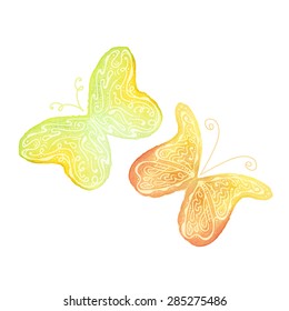 Vectorized watercolor butterfly. Two isolated drawings with lace lines. 