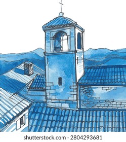 Vectorized watercolor illustration of a historic stone bell tower and tiled roofs in San Marino. Monochromatic blue urban sketch of European architecture with mountains background. Line art.